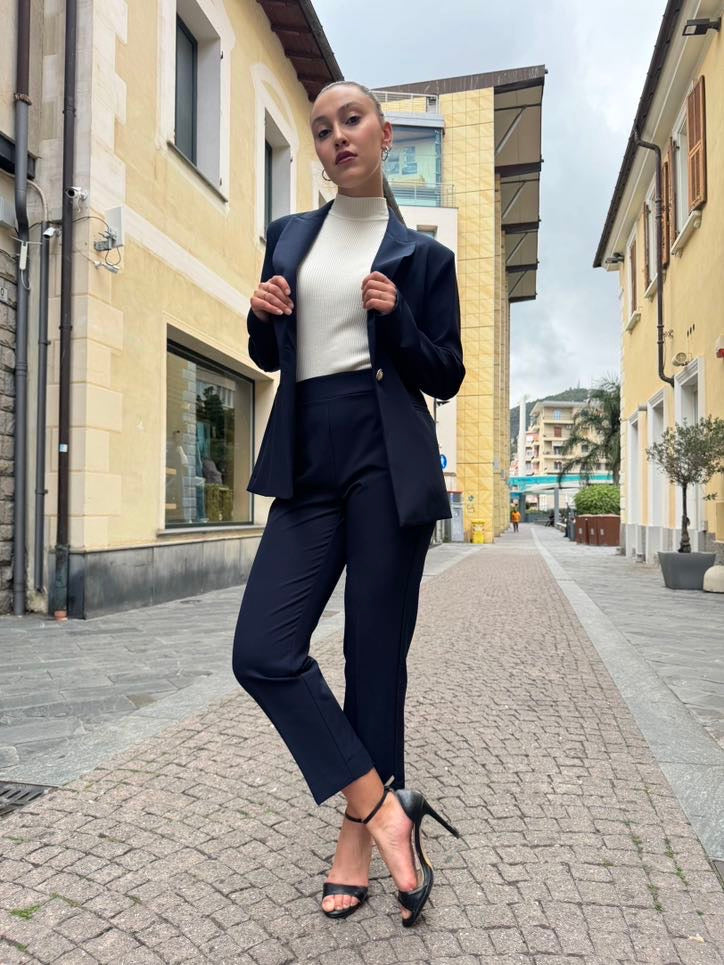 MARYLEY Tailleur giacca monopetto + pantalone sigaretta blu MARYLEY