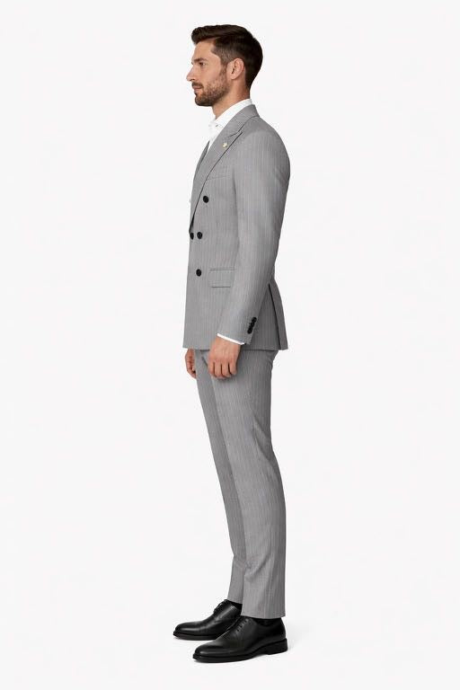 OVER-D Abito gessato con giacca doppio petto + pantalone taglio sartoriale celeste