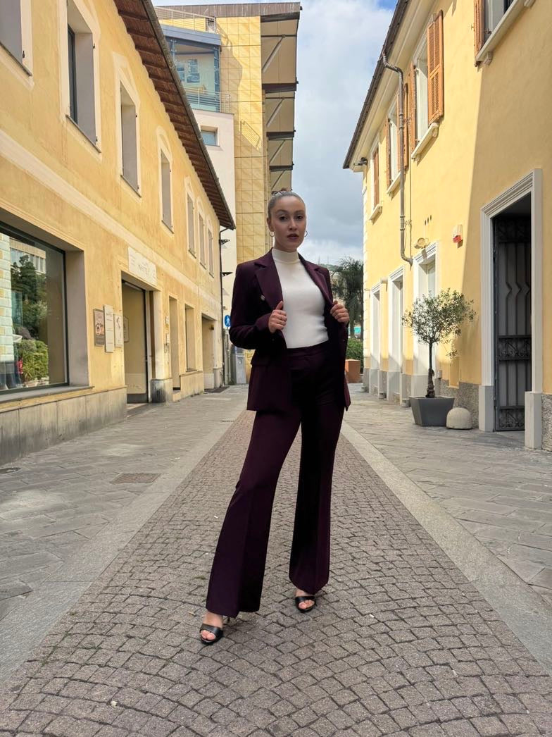 MARYLEY Tailleur giacca doppio petto + pantalone palazzo bordeaux MARYLEY