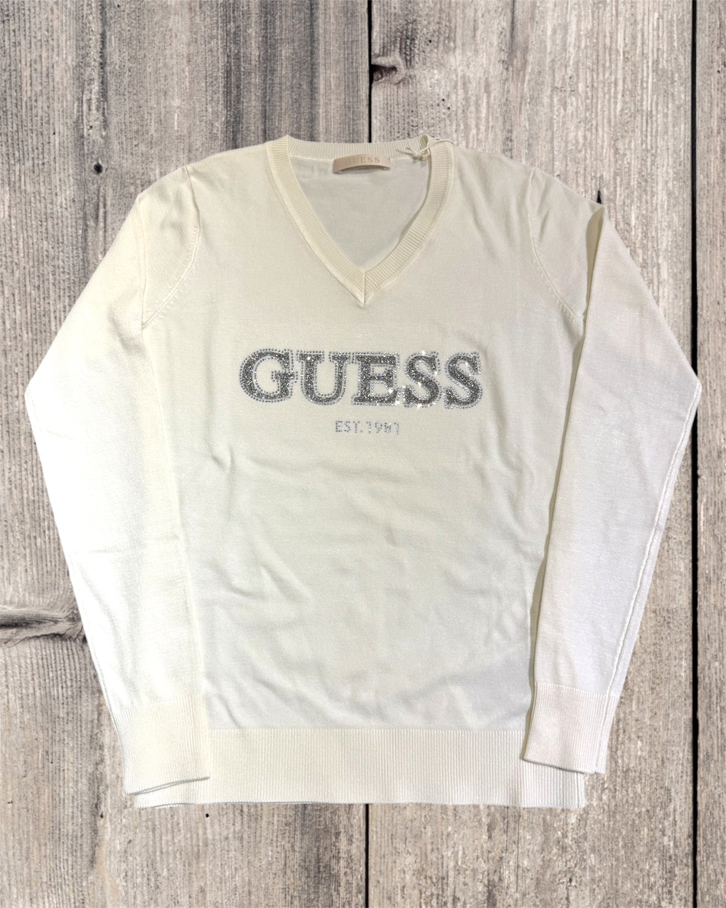 MAGLIONE SCOLLO V GUESS BIANCO W5RR38 GUESS