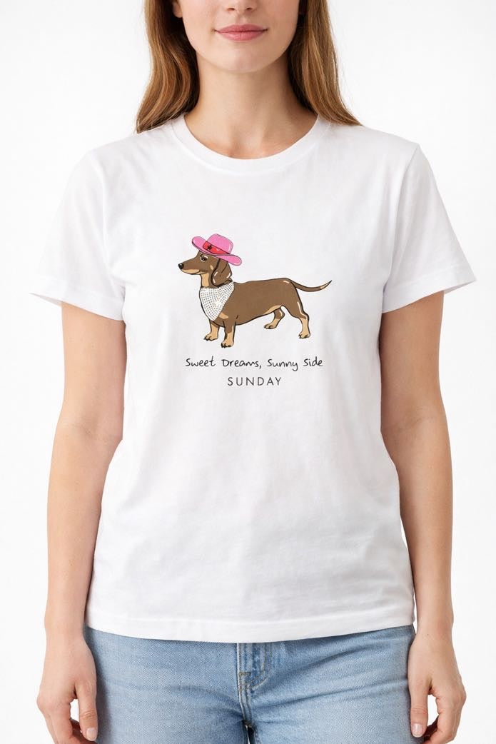 DROPIN T-shirt bianca con stampa bassotto DROPIN