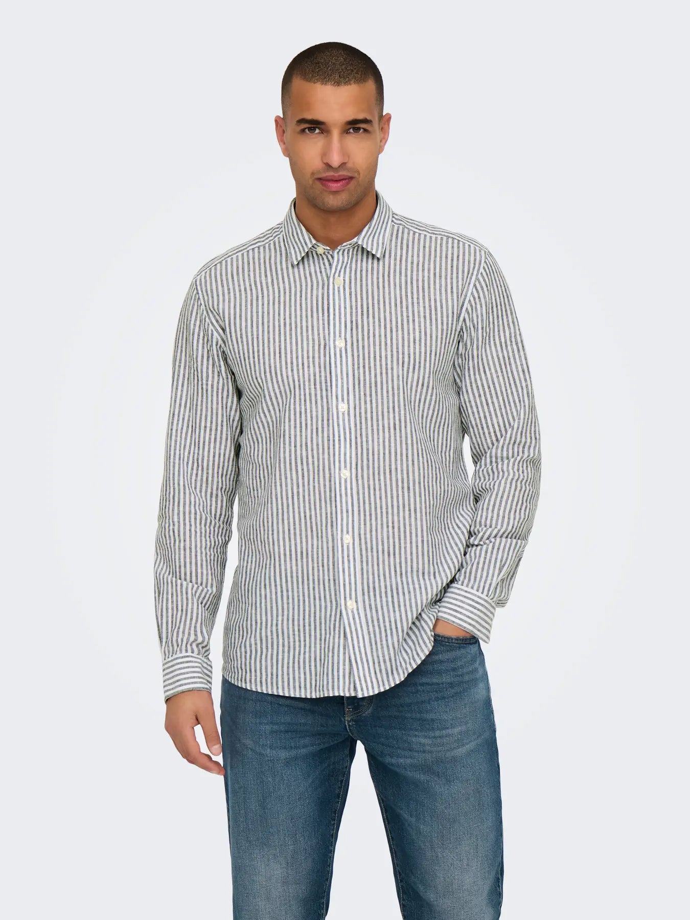 CAMICIA ONLY&SONS MISTO LINO A RIGHE BLU 22026601