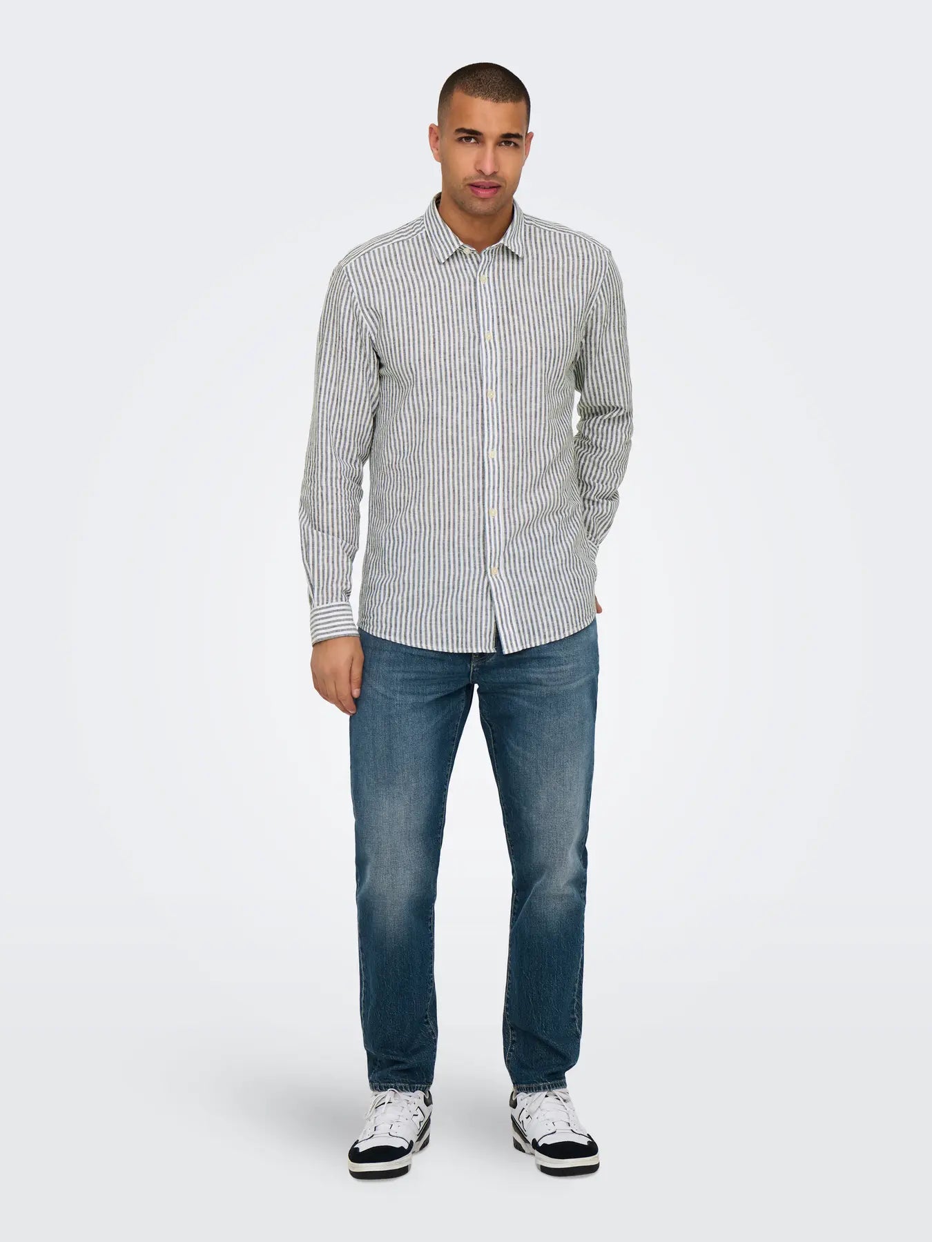 CAMICIA ONLY&SONS MISTO LINO A RIGHE BLU 22026601