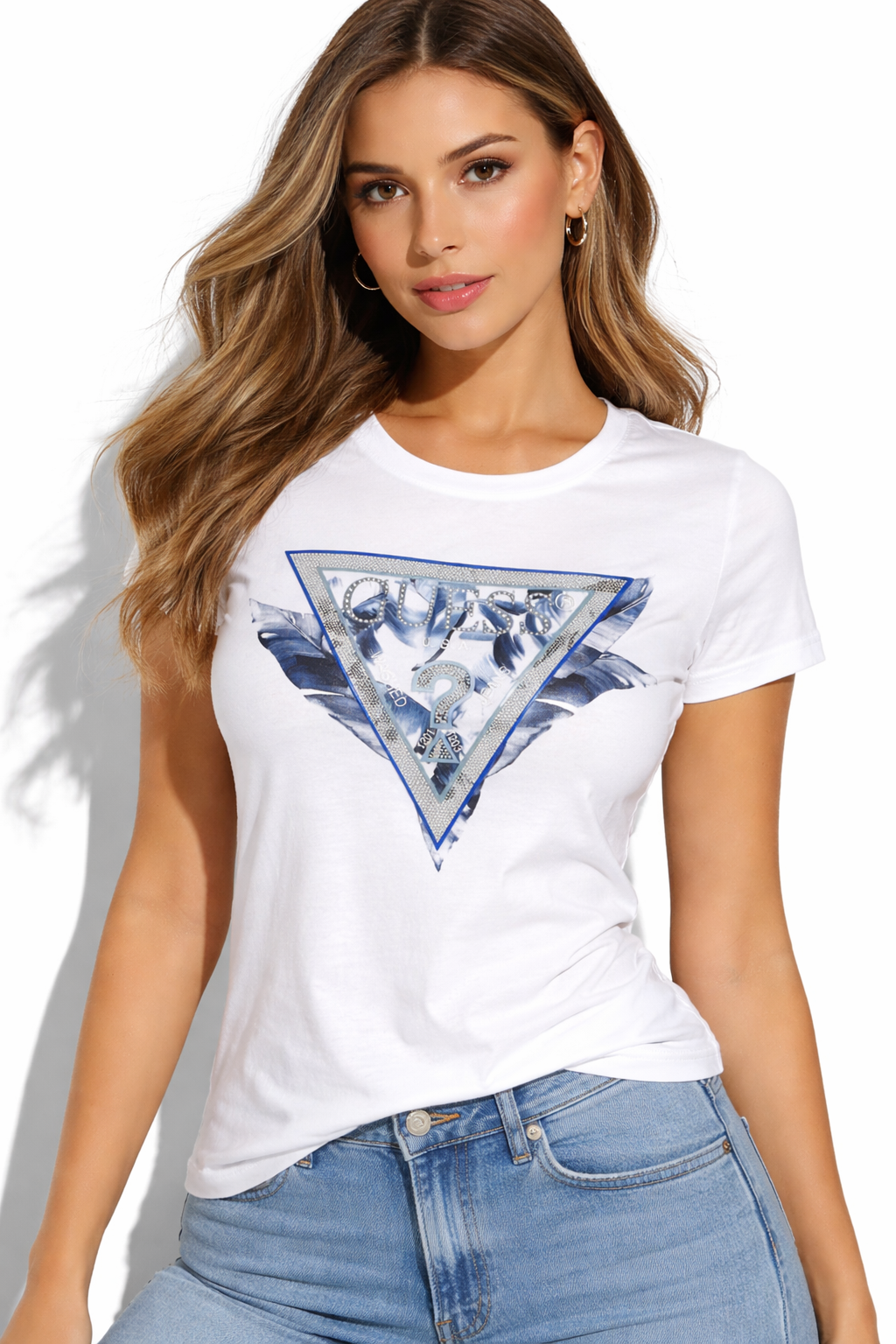 GUESS T-shirt bianca con logo triangolo floreale blu GUESS