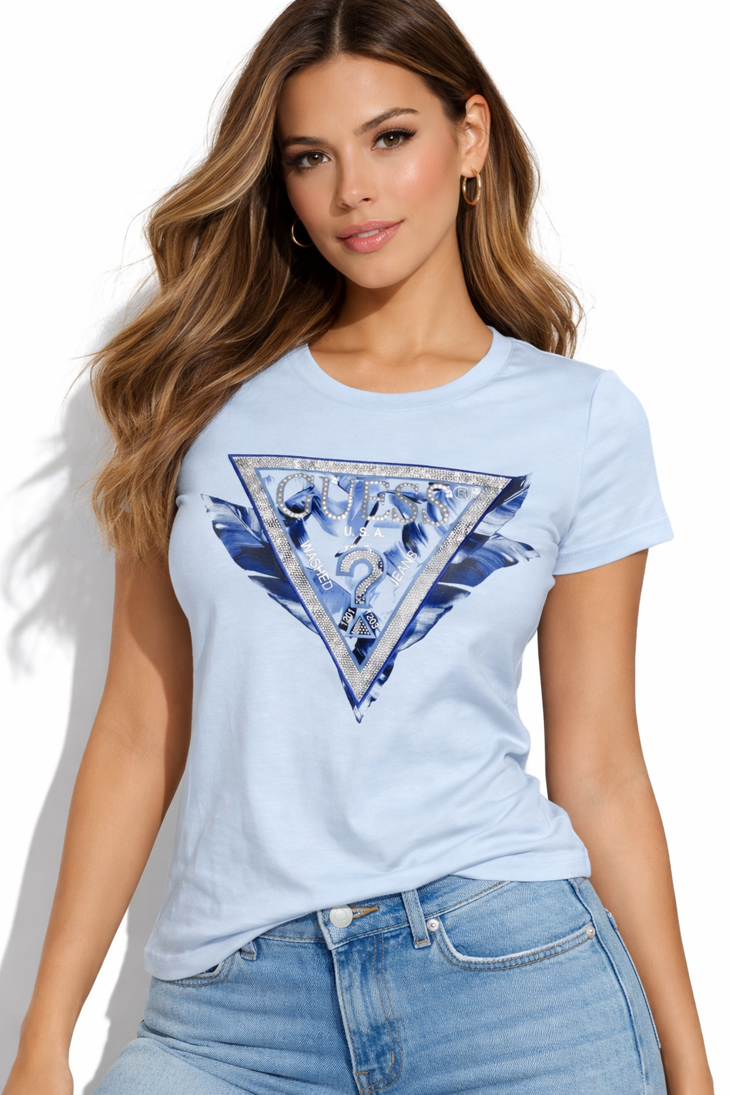 GUESS T-shirt celeste con logo triangolo floreale blu GUESS