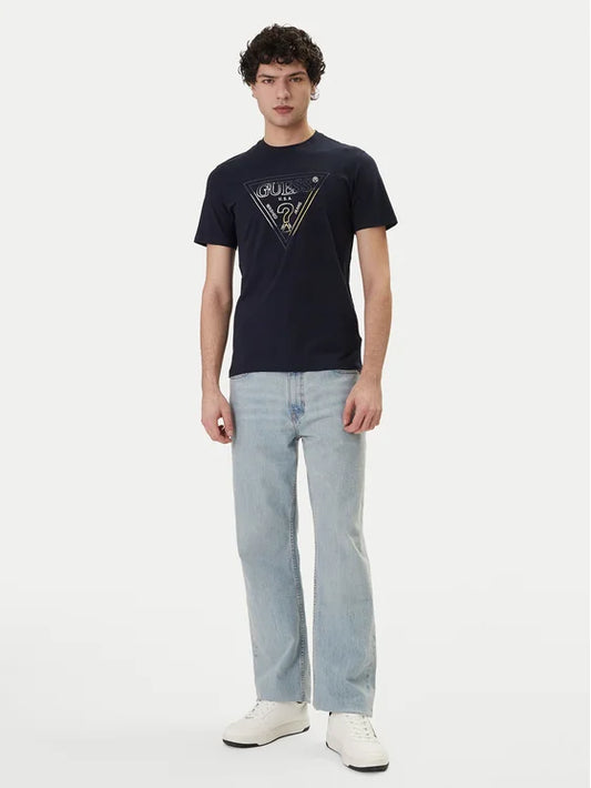 GUESS T-shirt blu con logo triangolo stampato GUESS