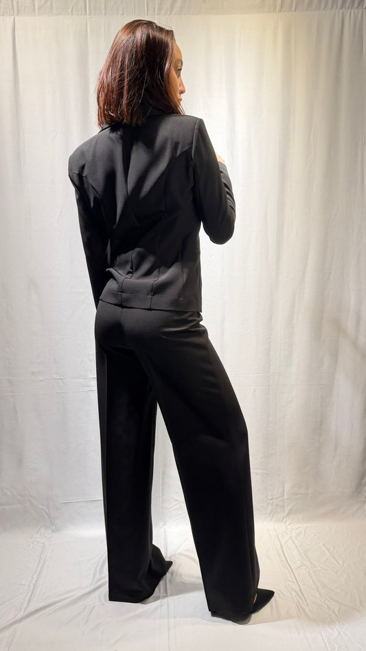 MARYLEY Tailleur giacca monopetto + pantalone palazzo Nero
