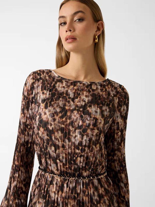 GUESS Abito corto plissé maculato con maniche lunghe