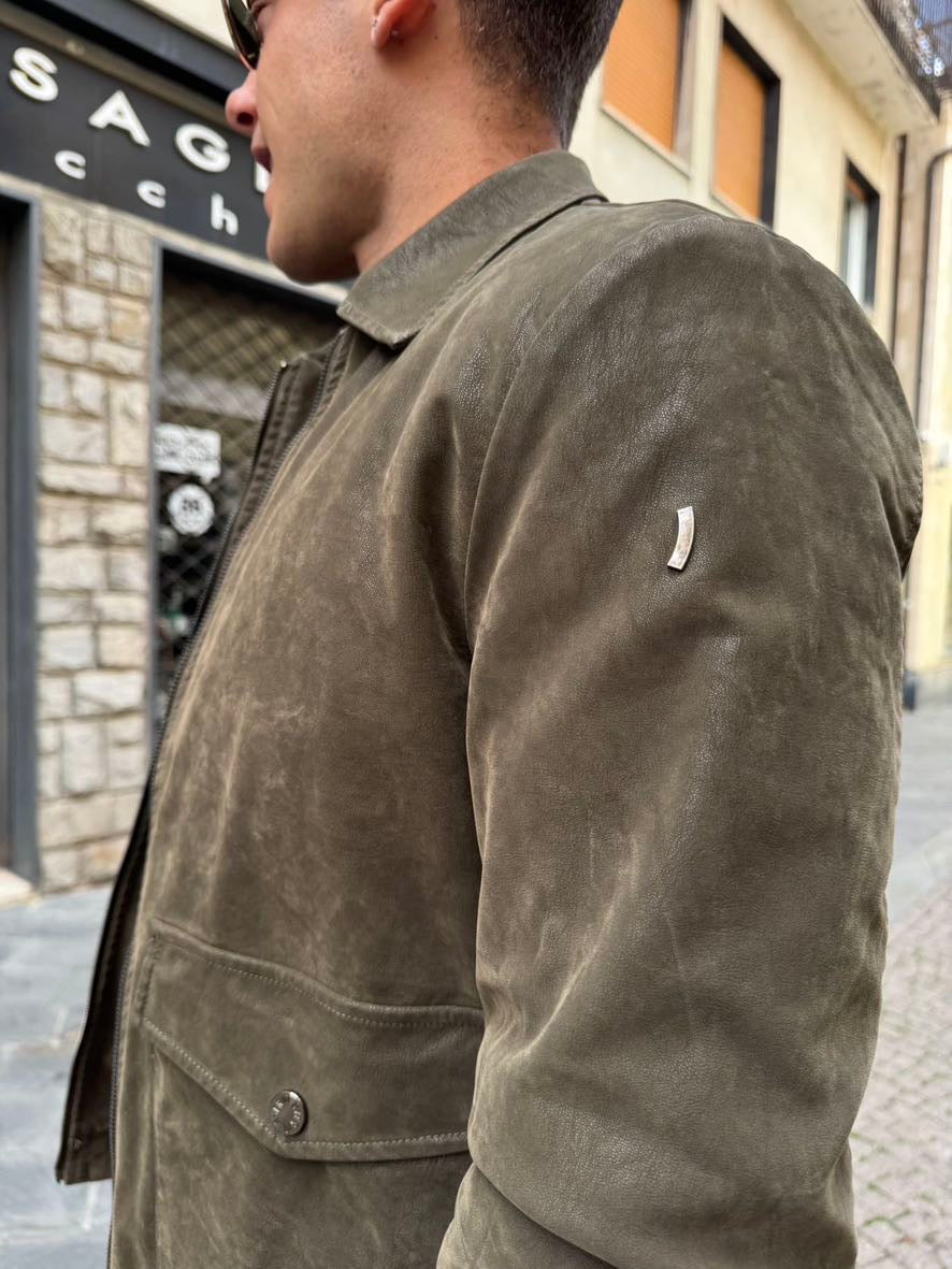 OVER-D Giubbino in ecopelle foderato con colletto e zip verde OVER-D