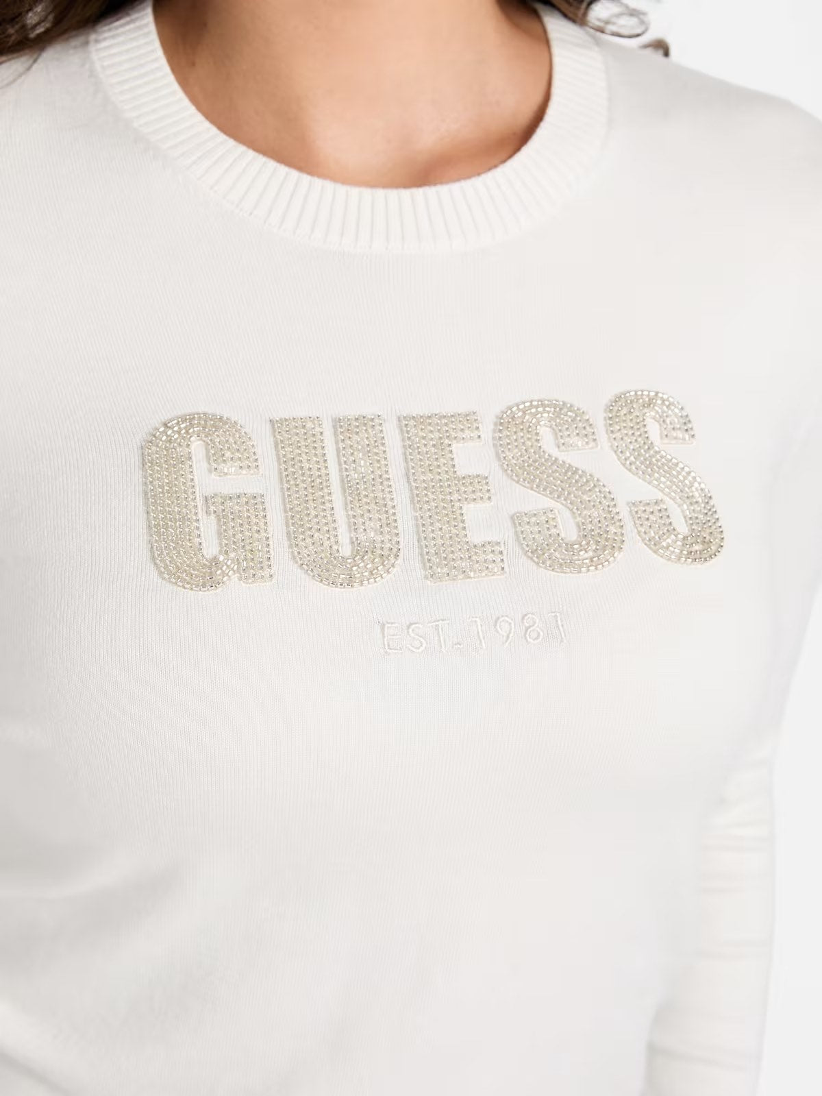 GUESS Maglione girocollo con logo strass bianco