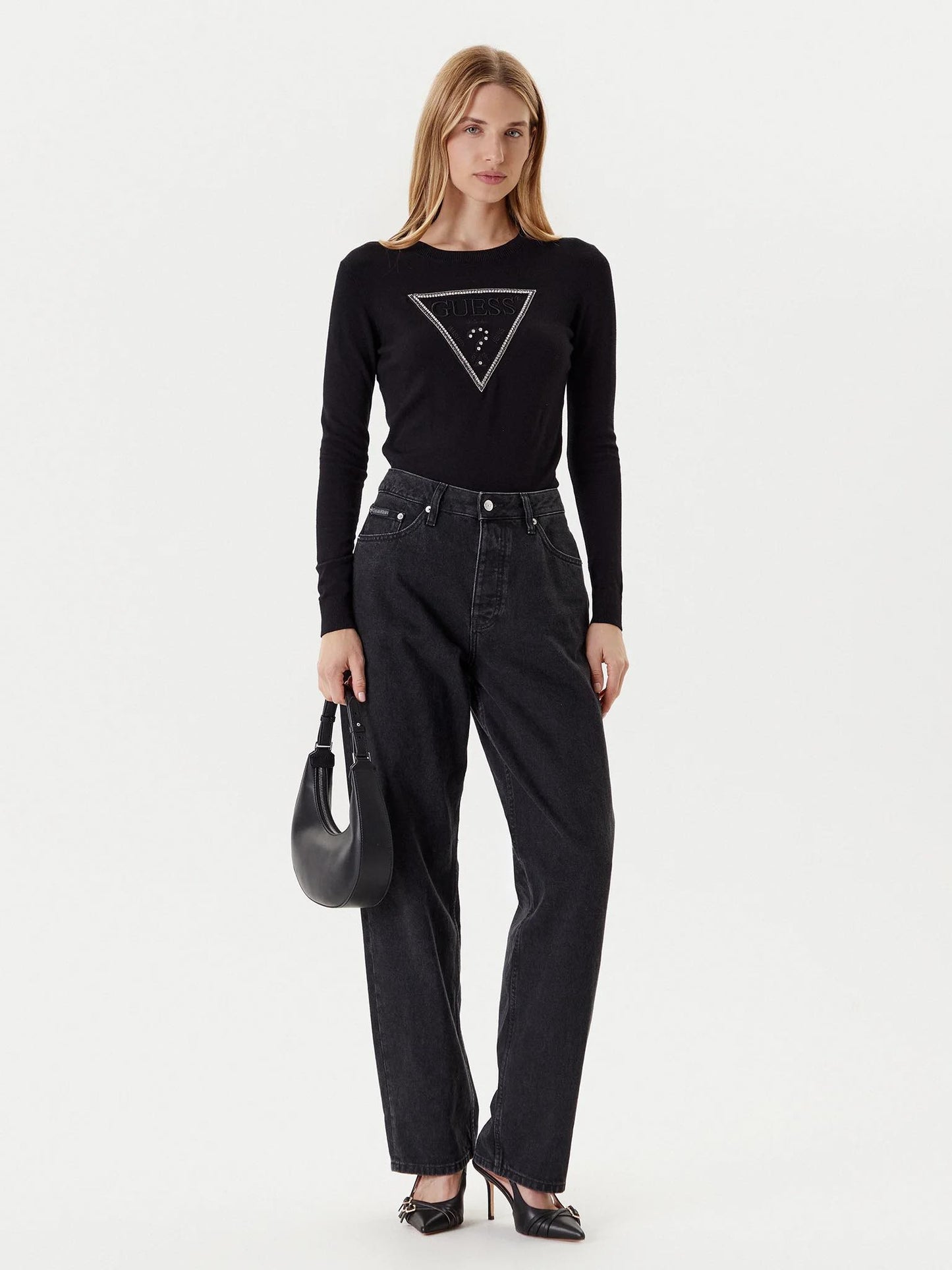 GUESS Maglione girocollo logo triangolo nero GUESS