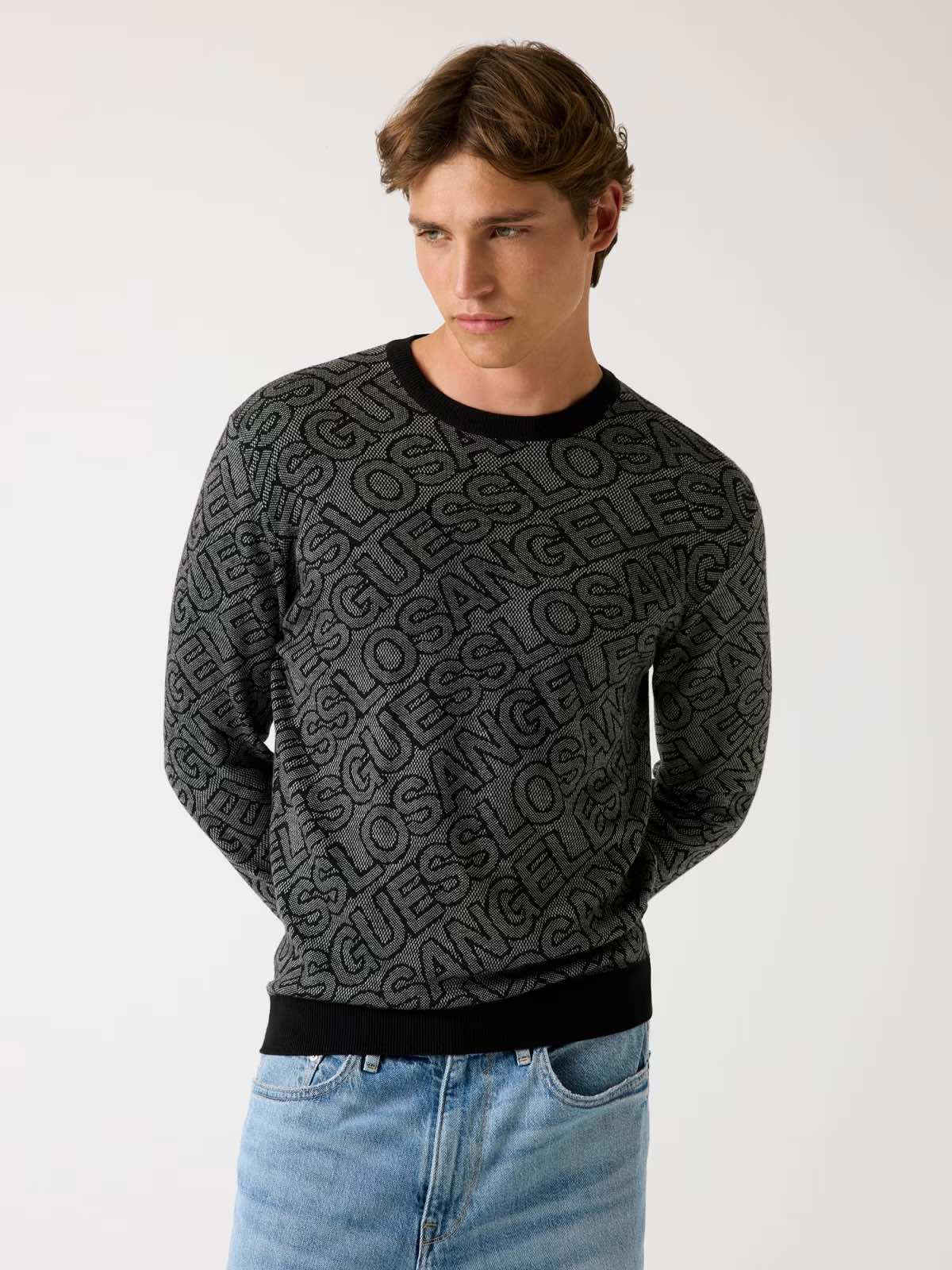 GUESS Maglione girocollo con logo nero e grigio GUESS