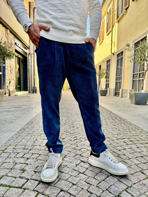 OVER-D Pantalone terepred in velluto blu a coste sottili