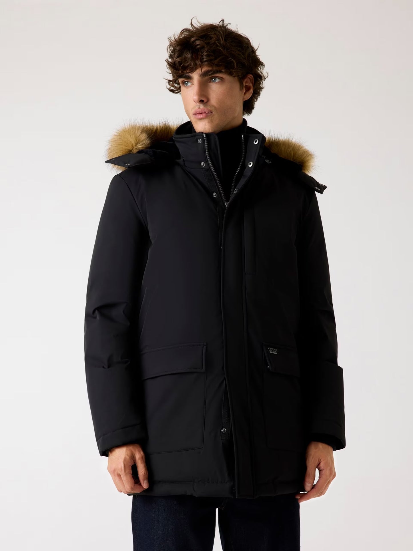GUESS Parka con cappuccio in vera piuma blu GUESS