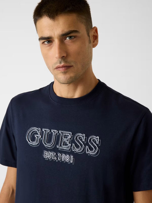 GUESS T-shirt blu con logo ricamato GUESS