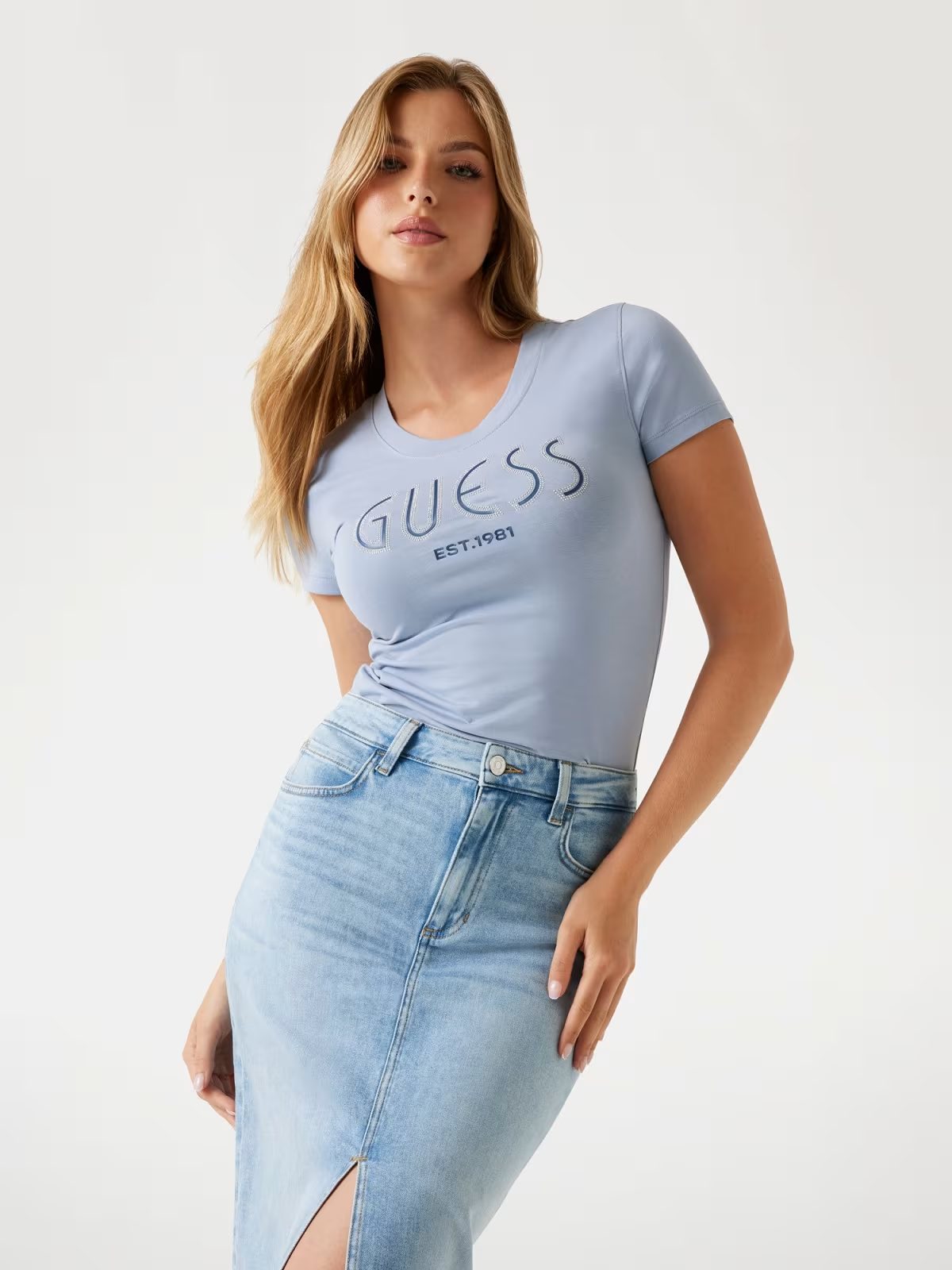 GUESS T-shirt logo strass azzurra GUESS