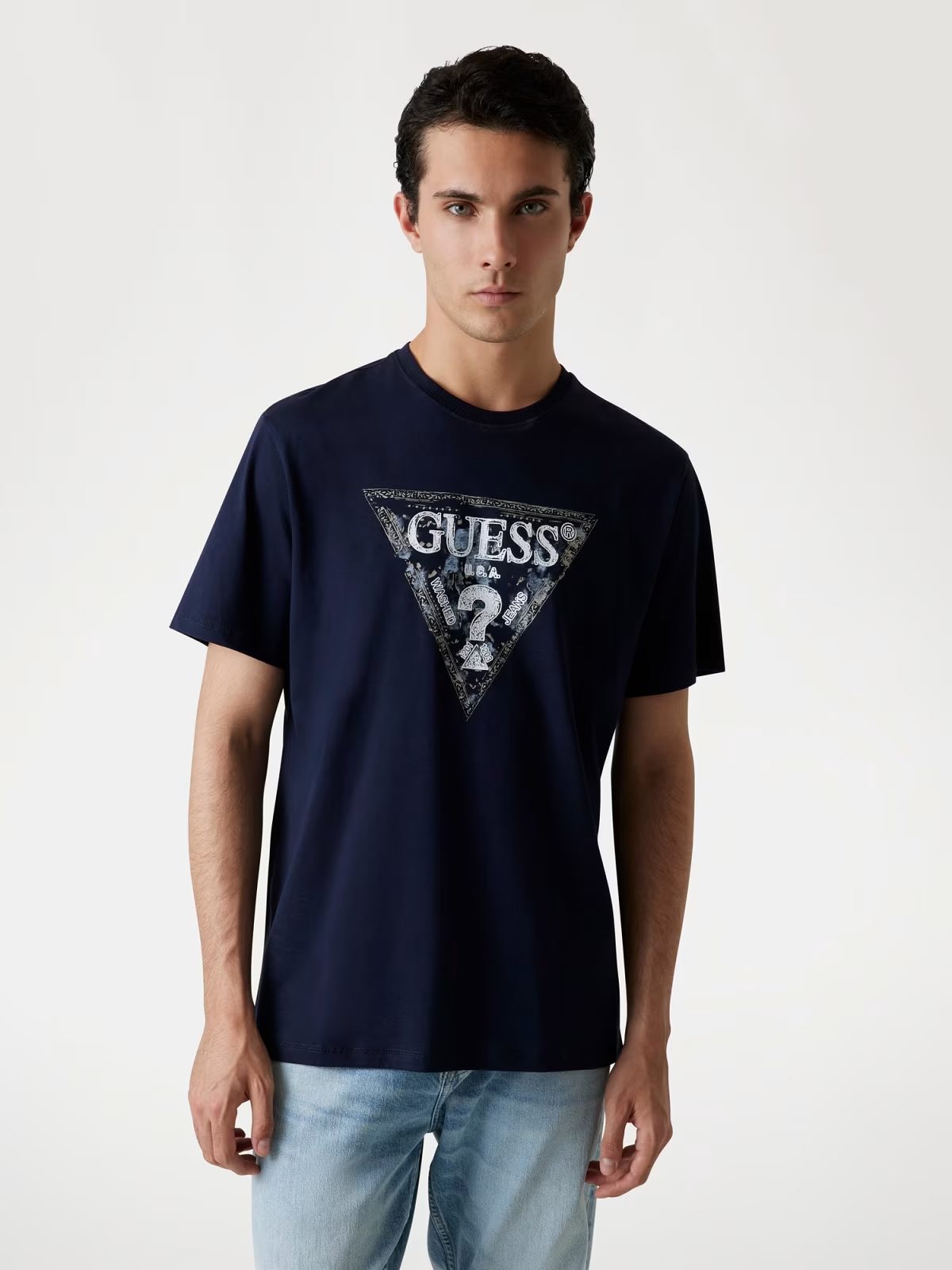 GUESS T-shirt blu con logo stampato GUESS