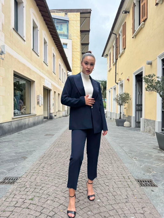 MARYLEY Tailleur giacca monopetto + pantalone sigaretta blu MARYLEY