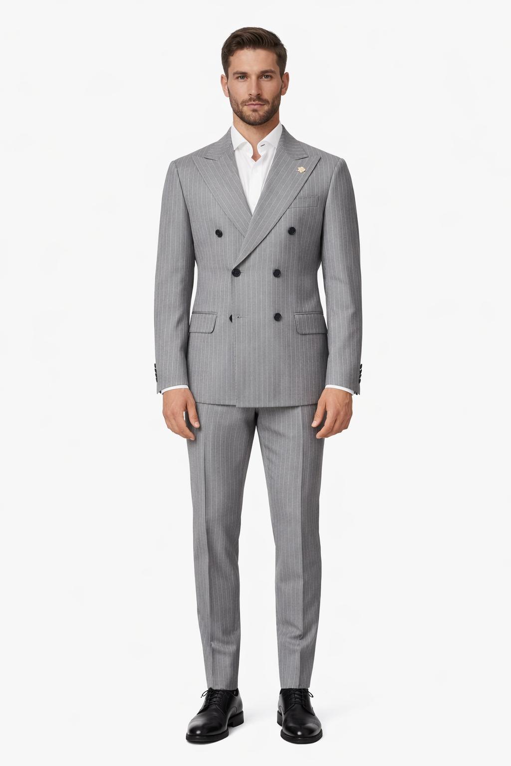 OVER-D Abito gessato con giacca doppio petto + pantalone taglio sartoriale celeste OVER-D