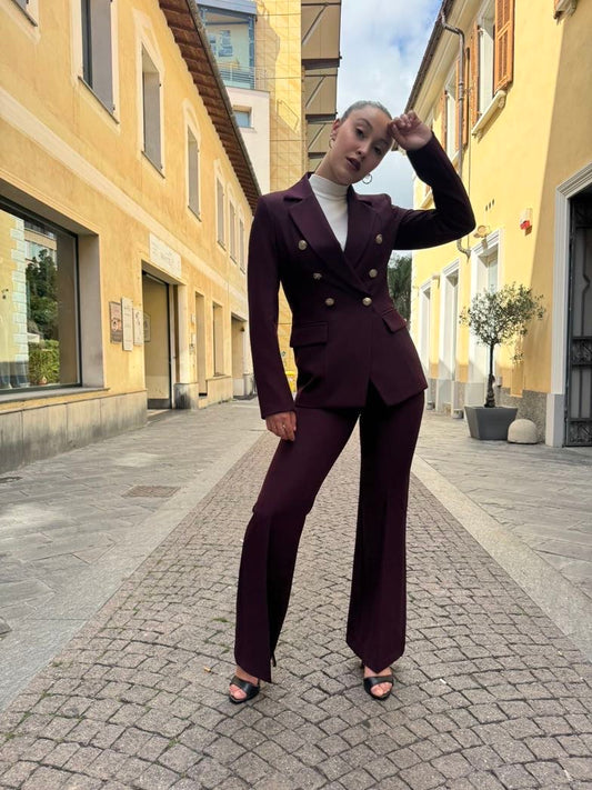 MARYLEY Tailleur giacca doppio petto + pantalone palazzo bordeaux MARYLEY