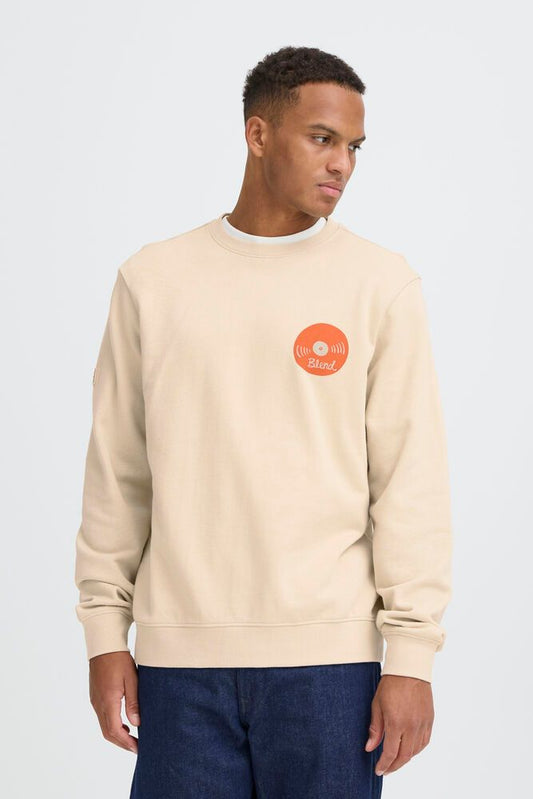 BLEND Felpa girocollo sabbia con stampa retro BLEND