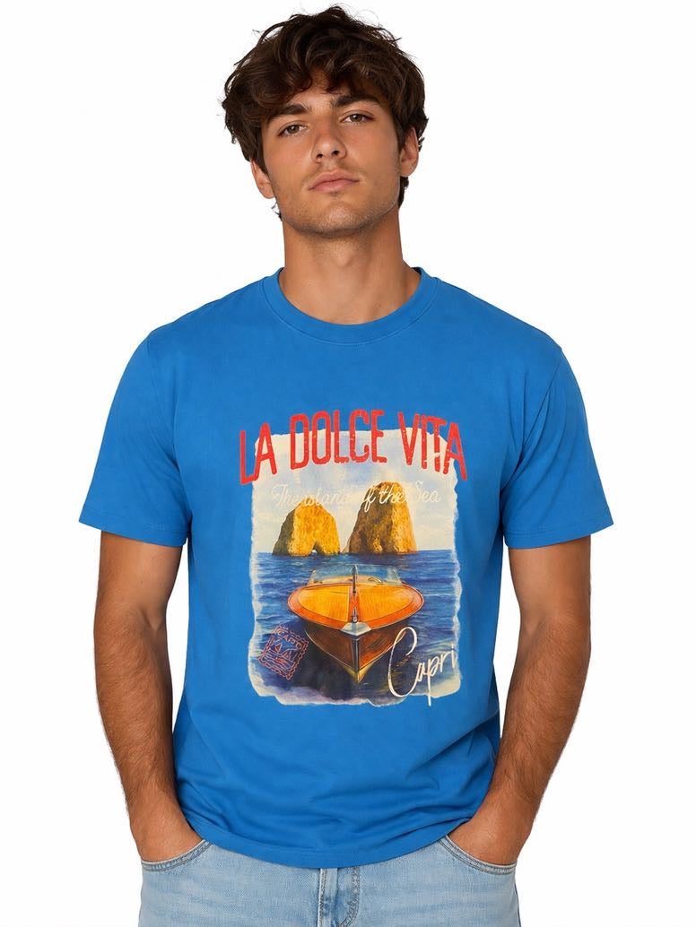 DROPIN T-shirt celeste con stampa La Dolce Vita DROPIN