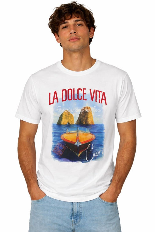 DROPIN T-shirt bianca con stampa La Dolce Vita DROPIN