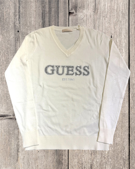 MAGLIONE SCOLLO V GUESS BIANCO W5RR38