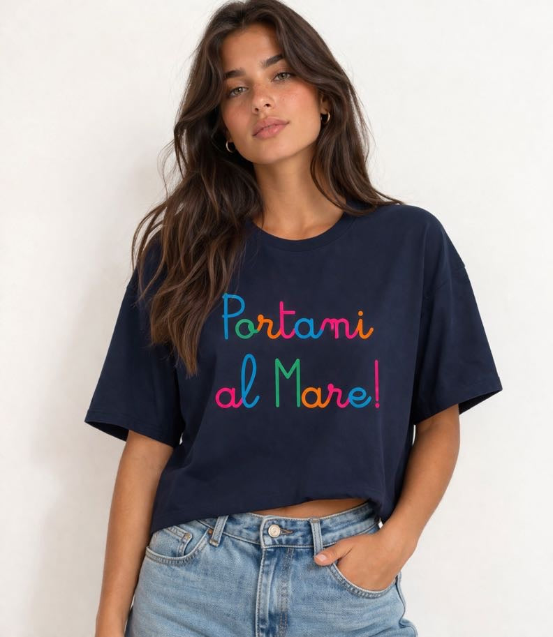 DROPIN T-shirt blu con stampa Portami al mare! DROPIN