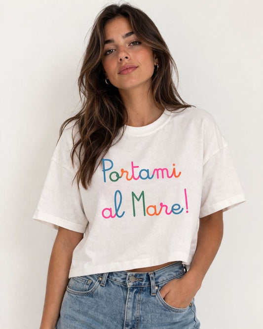 DROPIN T-shirt bianca con stampa Portami al mare! DROPIN