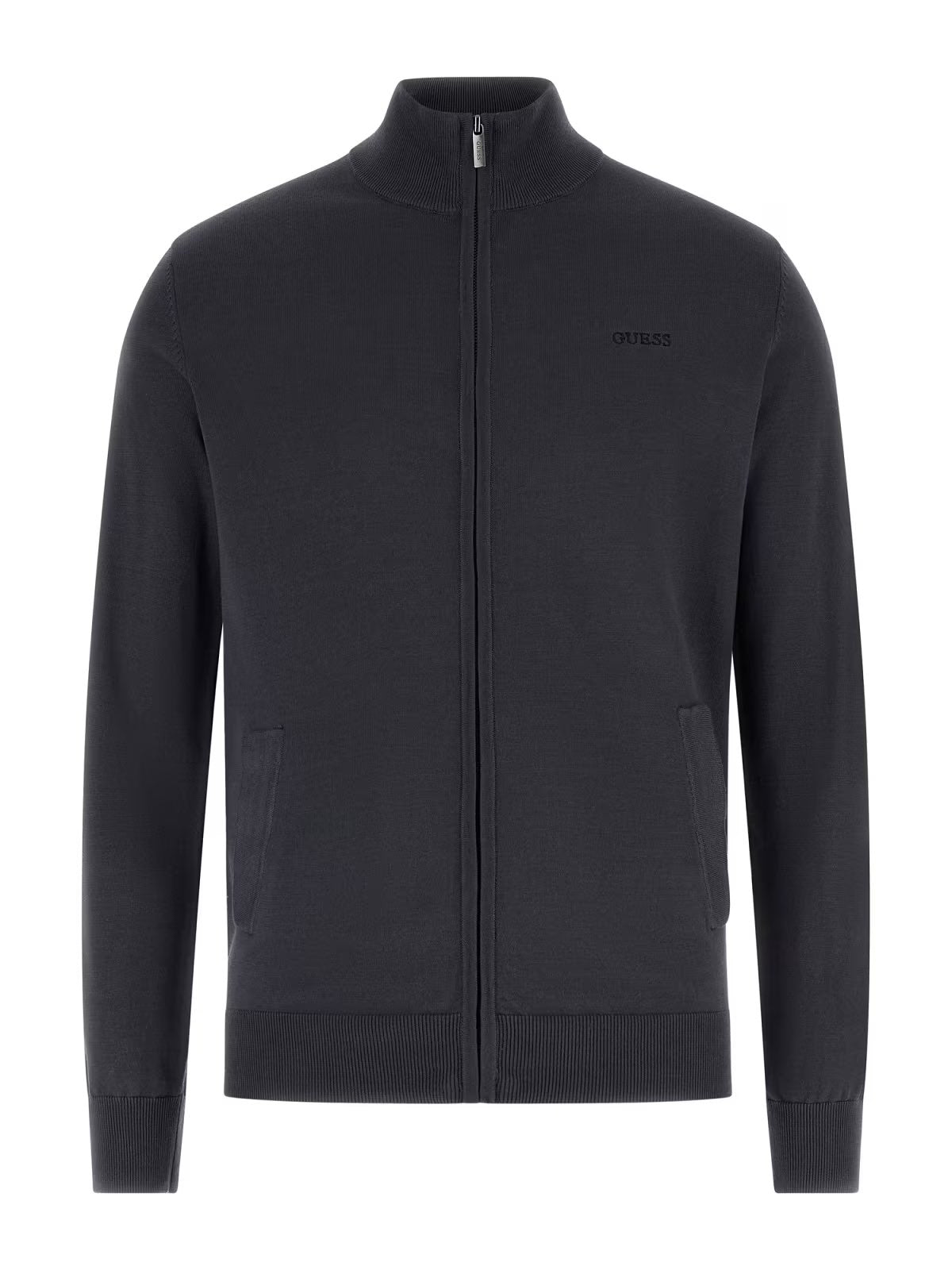 GUESS Cardigan blu con zip e collo alto