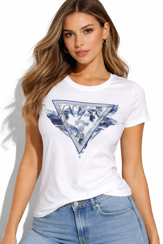 GUESS T-shirt bianca con logo triangolo floreale blu GUESS