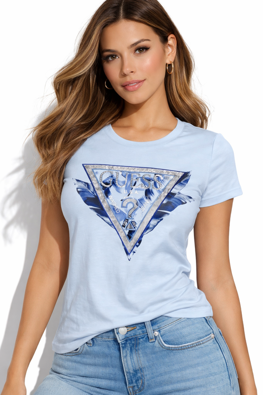 GUESS T-shirt celeste con logo triangolo floreale blu GUESS