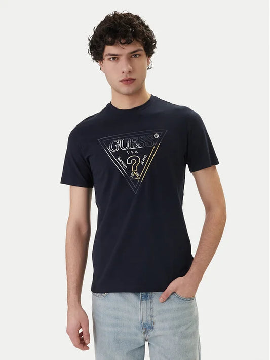 GUESS T-shirt blu con logo triangolo stampato GUESS