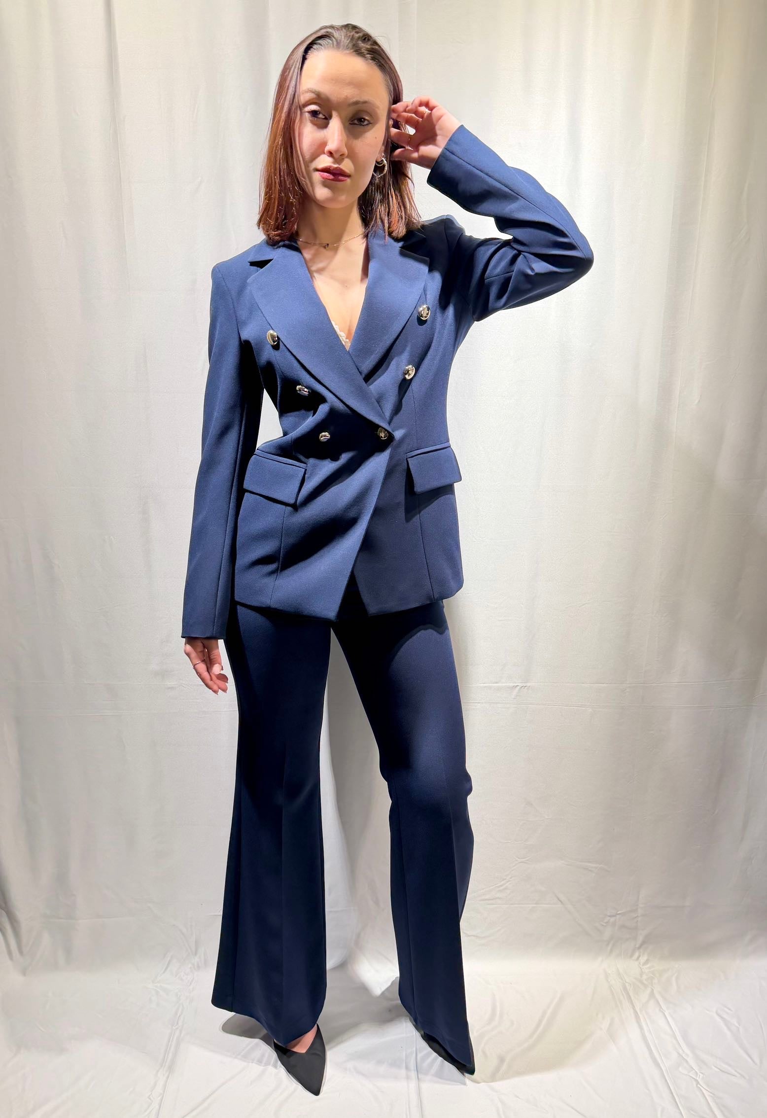 MARYLEY Tailleur giacca doppio petto + pantalone palazzo blu MARYLEY
