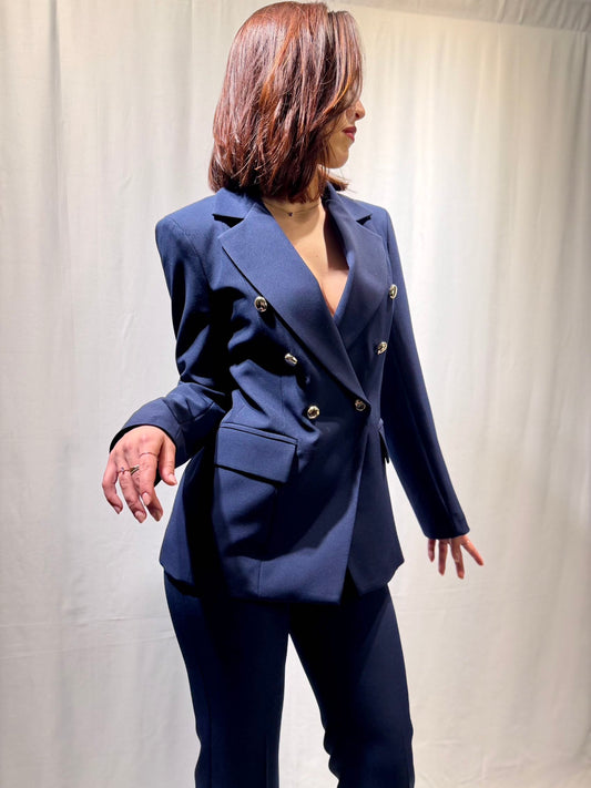 MARYLEY Tailleur giacca doppio petto + pantalone palazzo blu MARYLEY