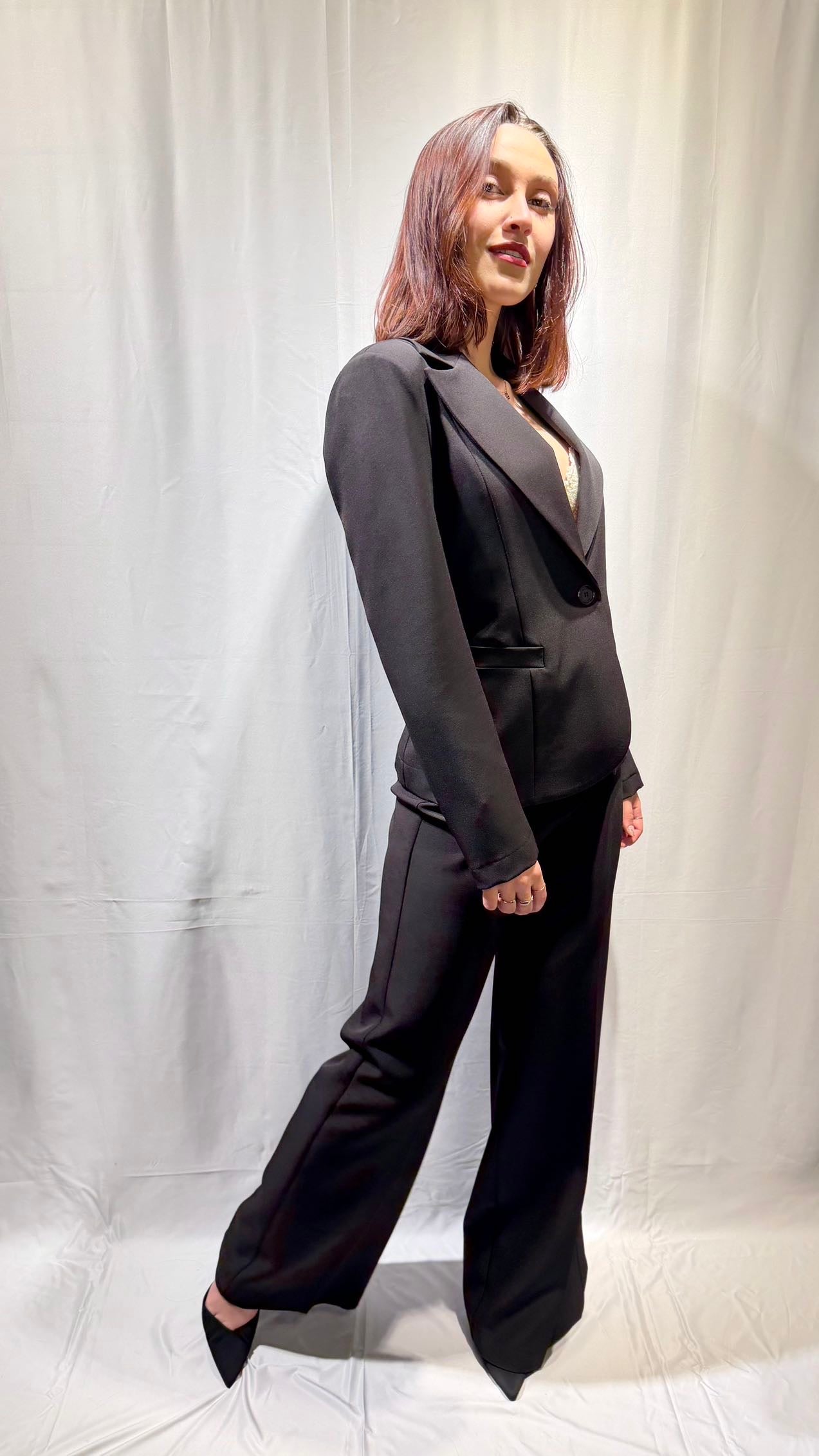 MARYLEY Tailleur giacca monopetto + pantalone palazzo Nero MARYLEY