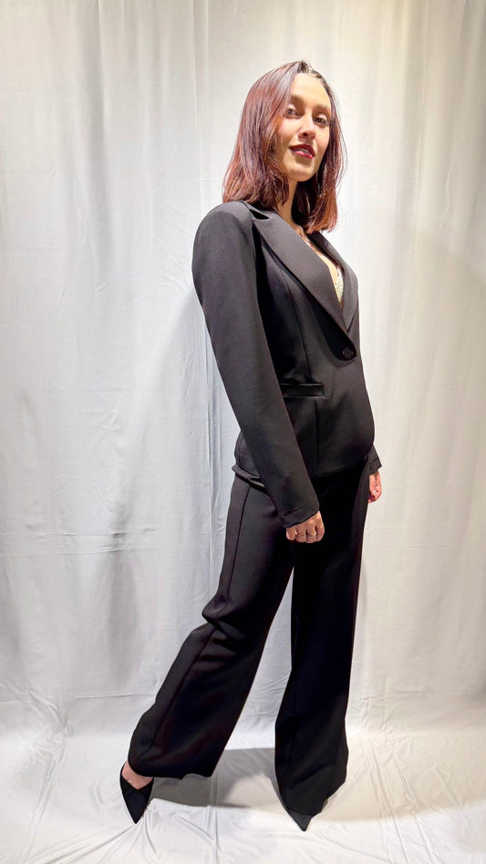 MARYLEY Tailleur giacca monopetto + pantalone palazzo Nero MARYLEY
