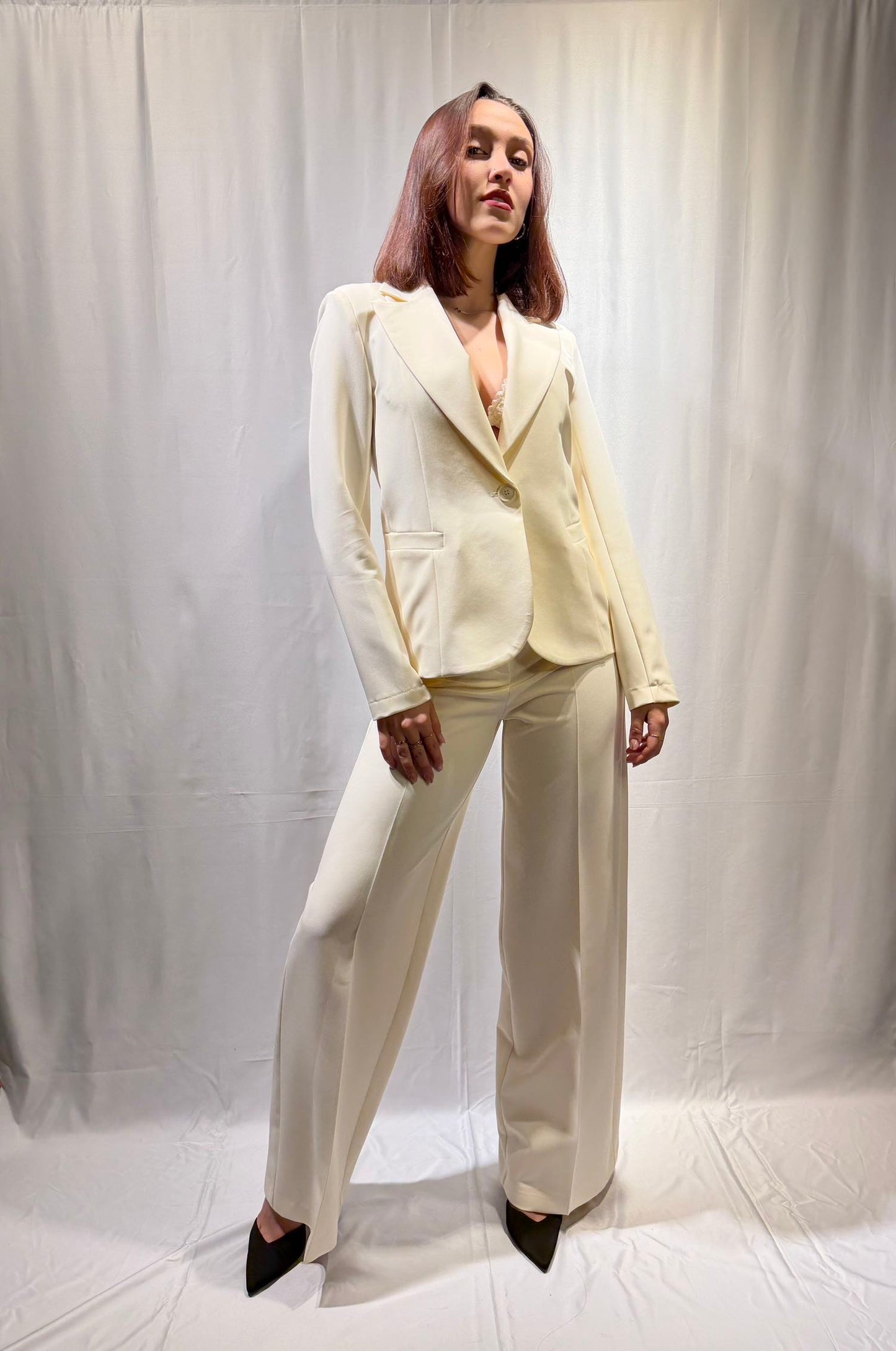 MARYLEY Tailleur giacca monopetto + pantalone palazzo Panna MARYLEY