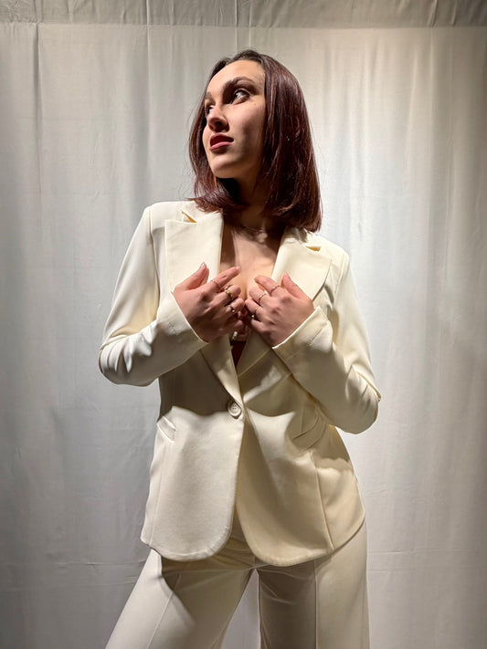 MARYLEY Tailleur giacca monopetto + pantalone palazzo Panna MARYLEY