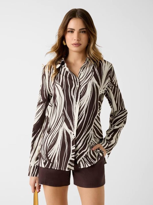 GUESS Camicia con Stampa Astratta Marrone e Panna GUESS