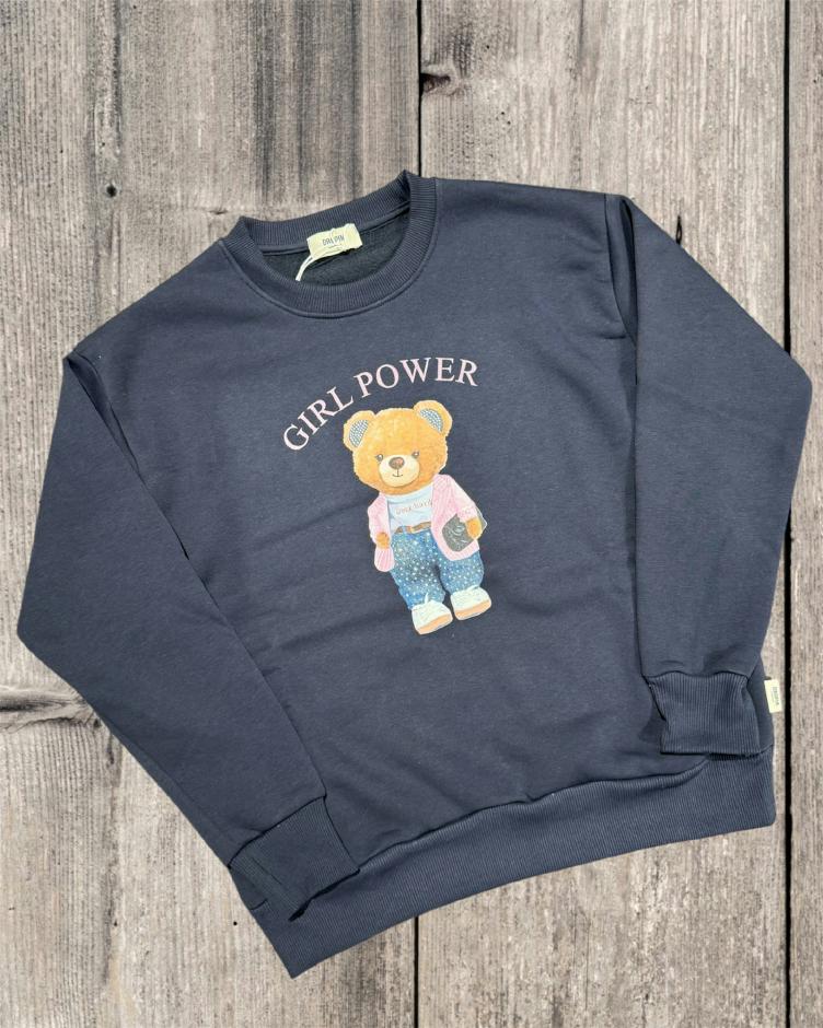 DROPIN Felpa girocollo blu con stampa girl power DROPIN