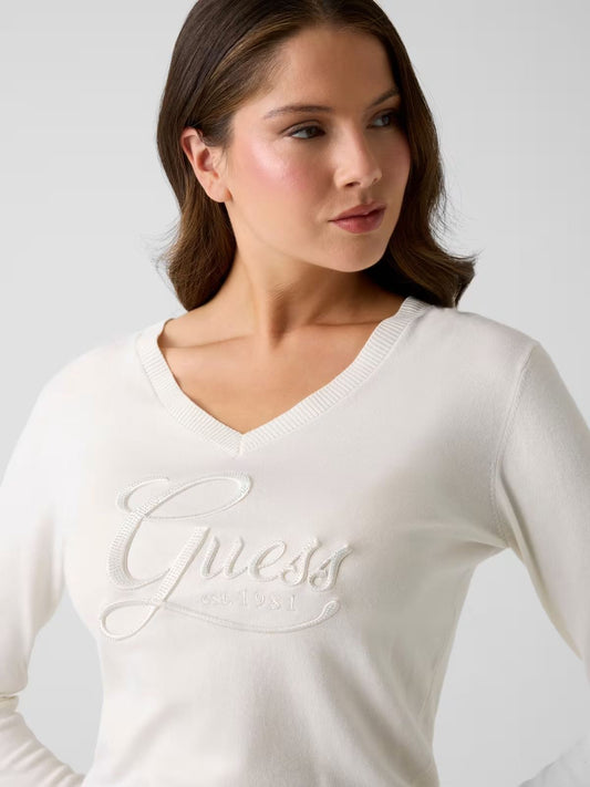 GUESS Maglione scollo a V con strass logo bianco