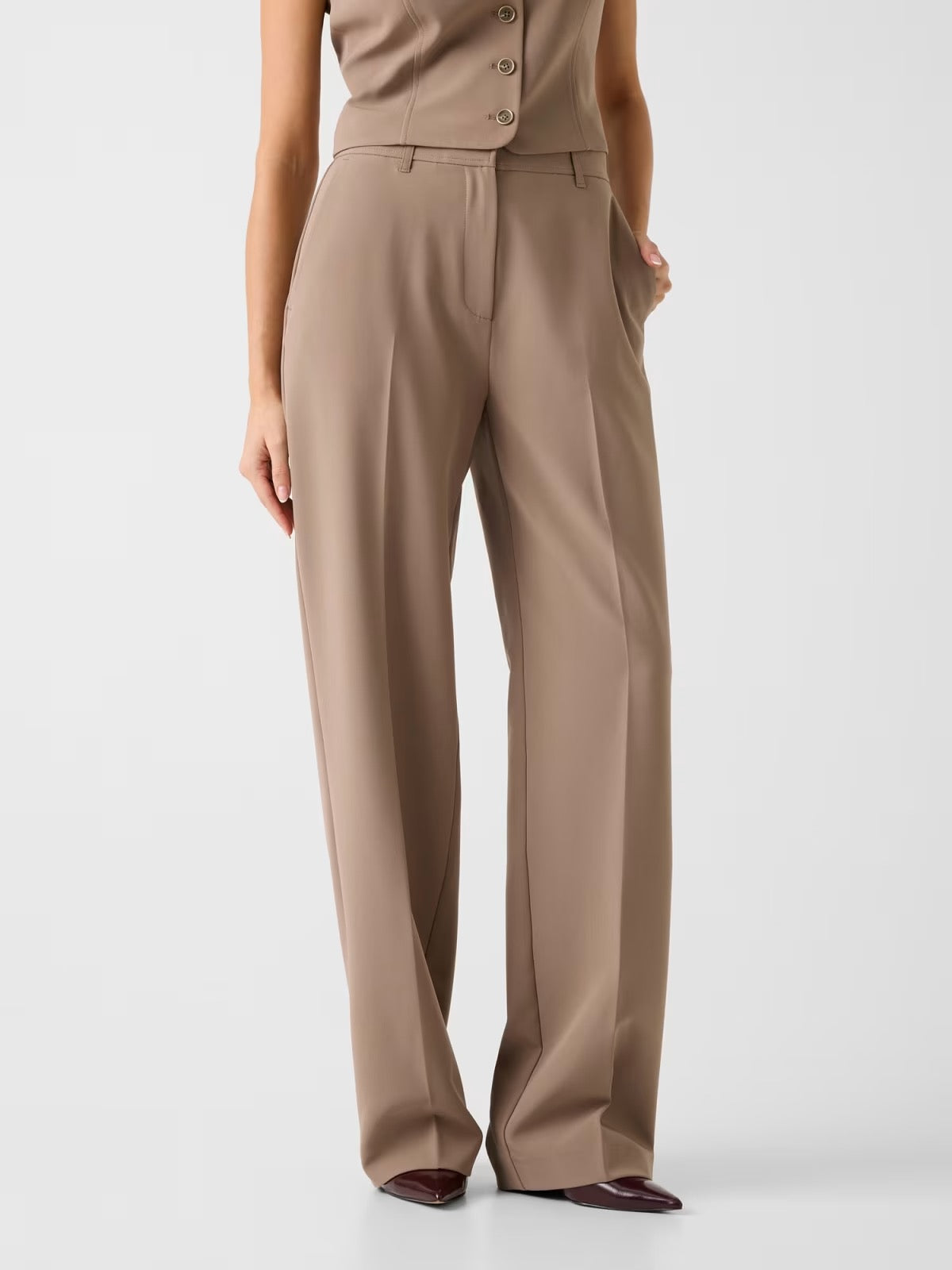 GUESS Pantalone palazzo a vita alta tortora