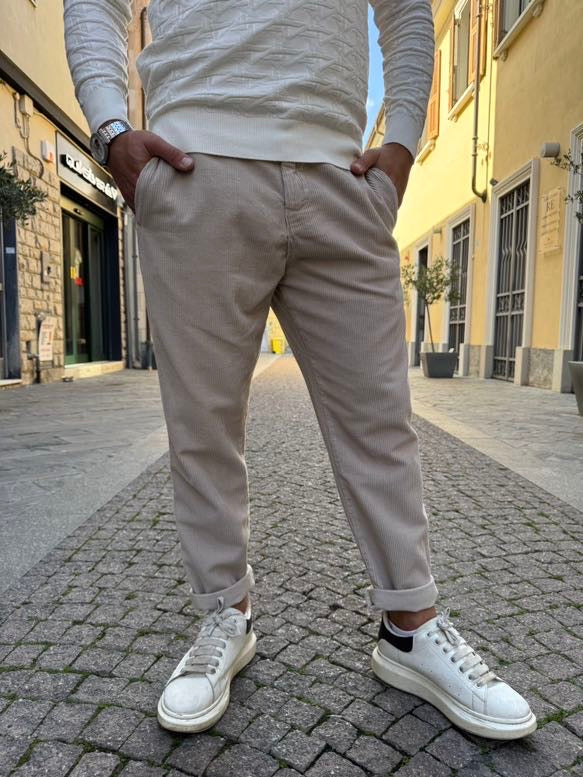 OVER-D Pantalone in velluto beige a coste sottili