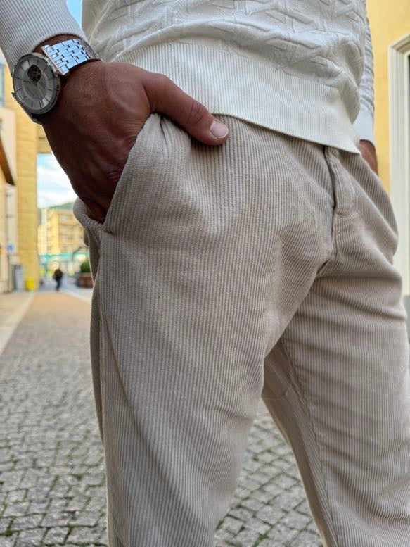 OVER-D Pantalone in velluto beige a coste sottili