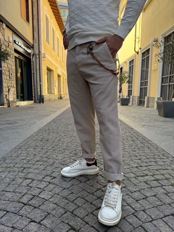 OVER-D Pantalone in velluto beige a coste sottili
