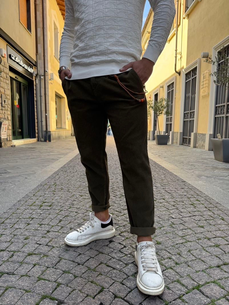 OVER-D Pantalone in velluto verde militare a coste sottili