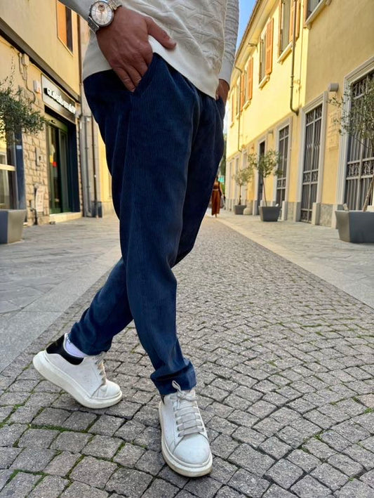 OVER-D Pantalone terepred in velluto blu a coste sottili