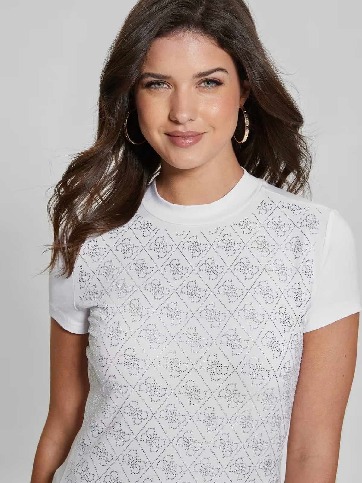 GUESS T-shirt bianca con logo all-over in brillantini